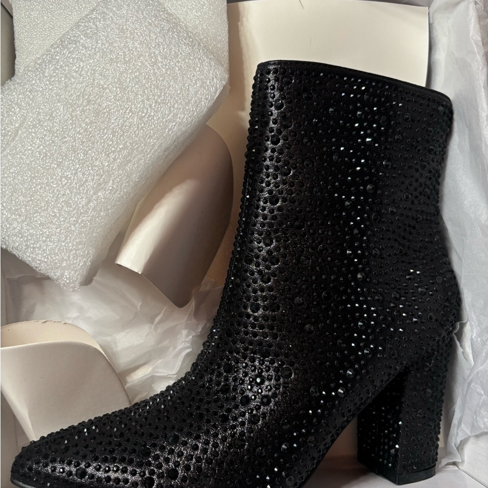 Chic Black Rhinestone Heeled Boots- new in box